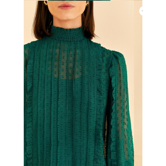 FARM RIO NWT Ruffled Long Sleeve Swiss Dot Blouse in Emerald // M - Picture 3 of 16